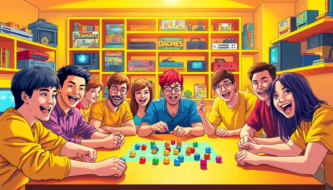 Engaged players enjoying daman games together at a colorful game table.