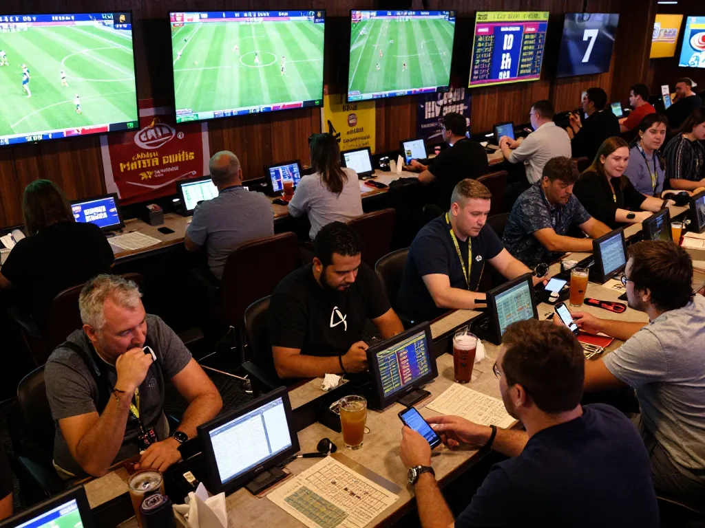 Bong da lu displaying live betting on football matches at a bustling sportsbook with excited bettors.
