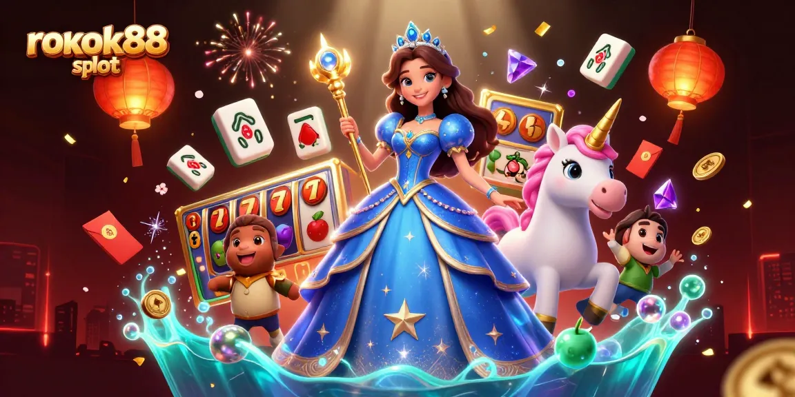 Engage with rokok88 slot featuring a glamorous woman and magical unicorn amid vibrant casino elements.