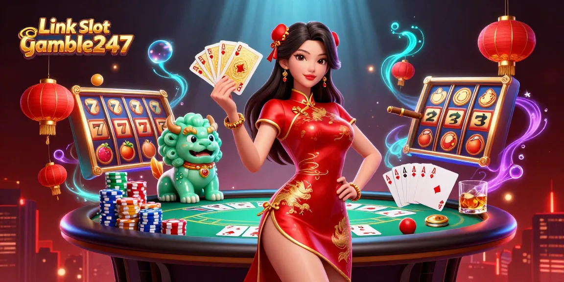 Win big with Link Slot Gacor Igamble247 in this vibrant casino scene filled with slot reels and bonuses.