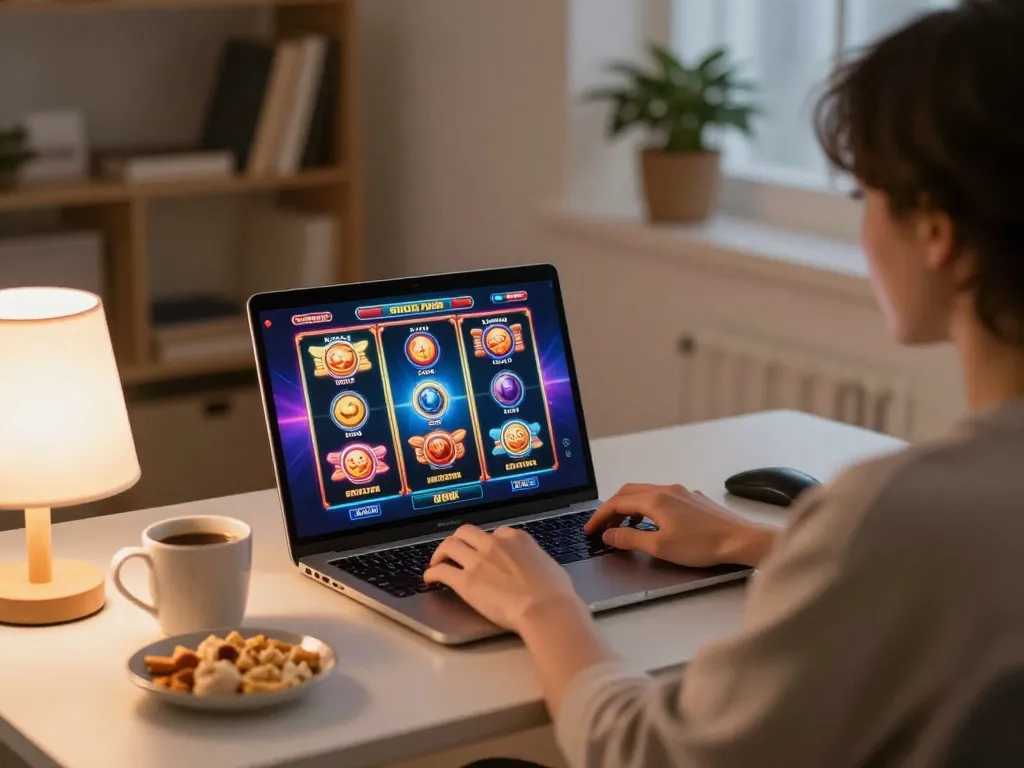 Engaging in slot online gameplay on a laptop in a cozy home setting.