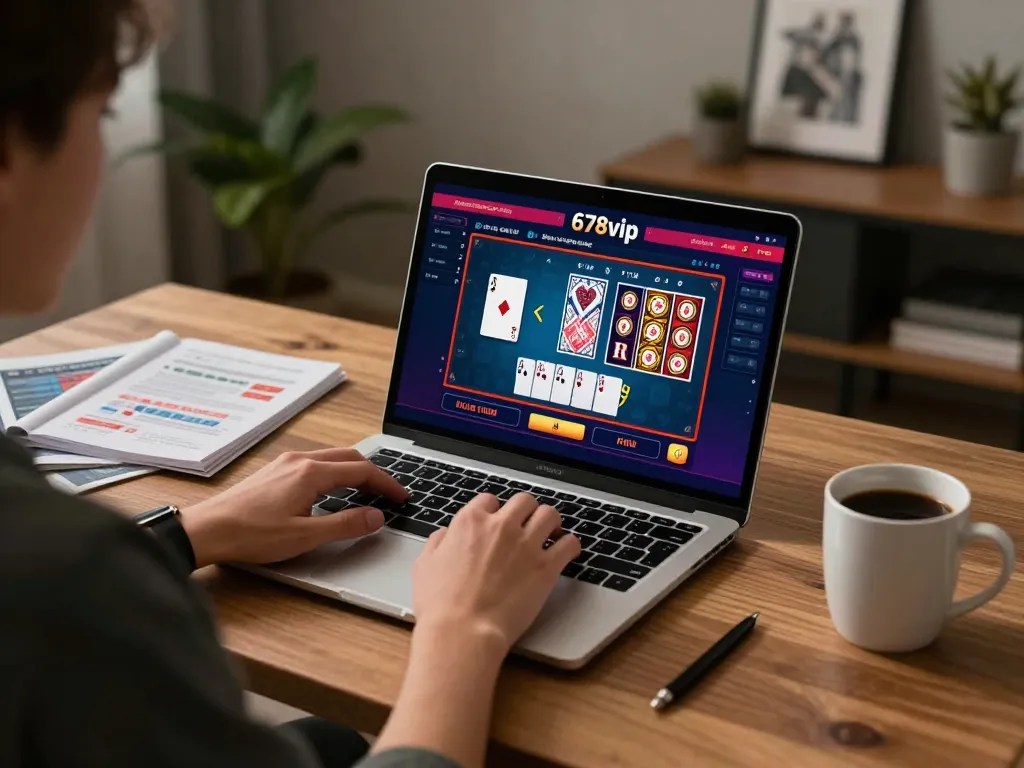 Engaged player utilizing 678vip trang chủ for online gambling strategy and entertainment.