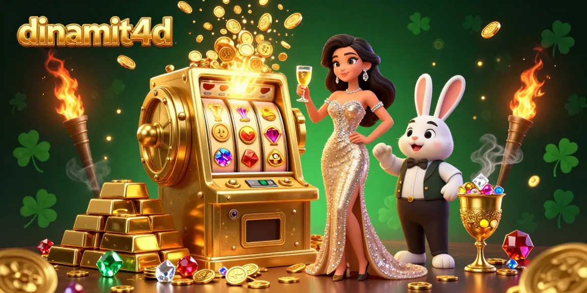 Experience thrilling gameplay with dinamit4d as a stunning woman toasts beside a golden jackpot slot machine.