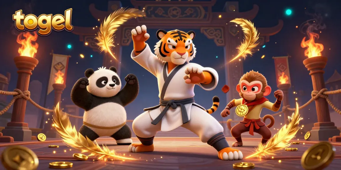 Experience the thrill of togel with a vibrant scene featuring a kung fu tiger, panda disciple, and playful monkey.