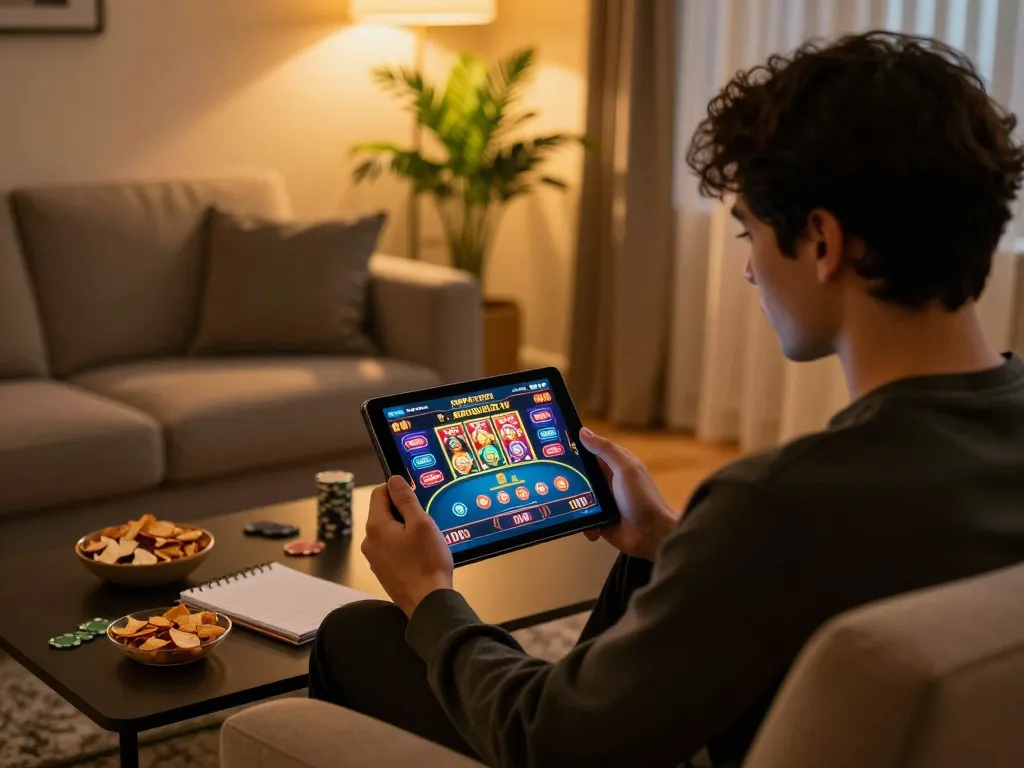 Engaging with 79kingvnc through a tablet in a cozy home gaming environment, embodying online casino excitement.