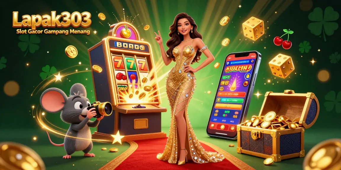 Engage with Lapak303 Slot Gacor Gampang Menang, featuring a glamorous woman and exciting casino elements.