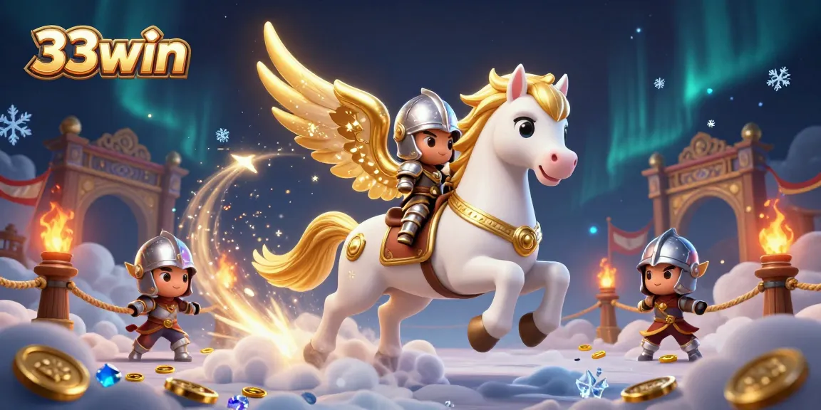 Experience thrilling action with 33win, featuring a celestial horse and knight in an epic casino scene.