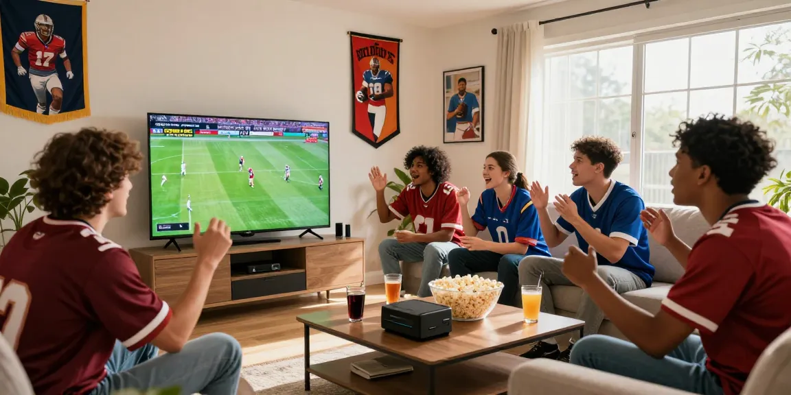 Excited friends watching kora live football match in a cozy living room