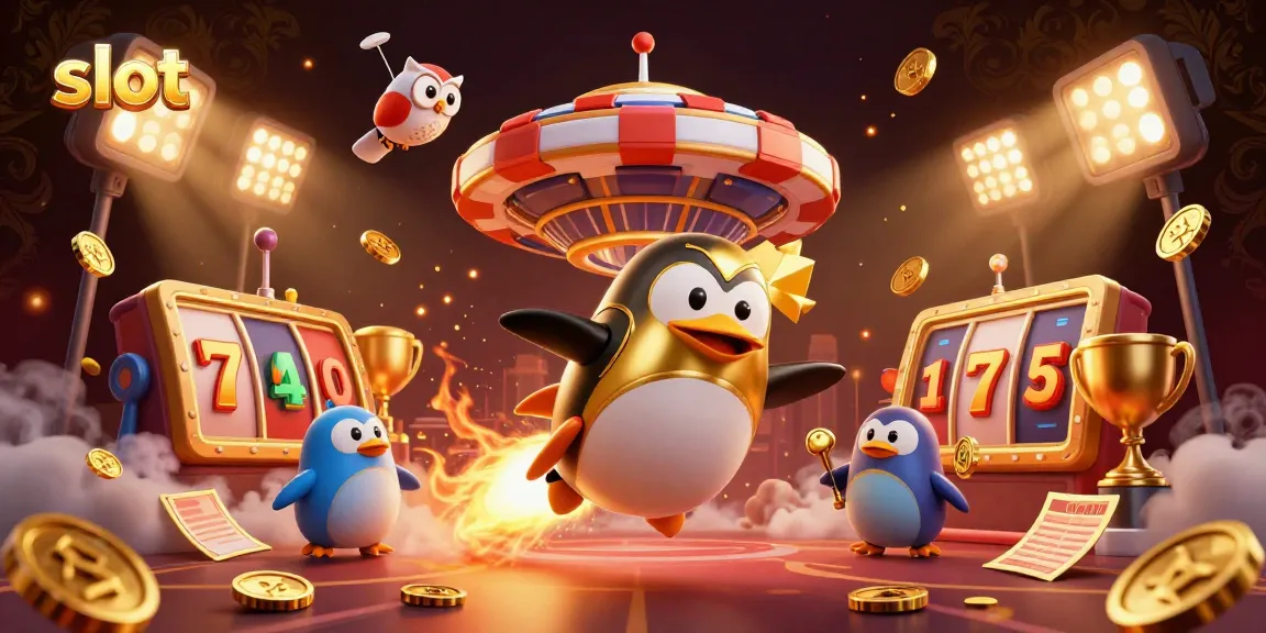 Engage with the vibrant slot gaming world represented by a golden penguin blasting through space towards a casino-themed poker chip.