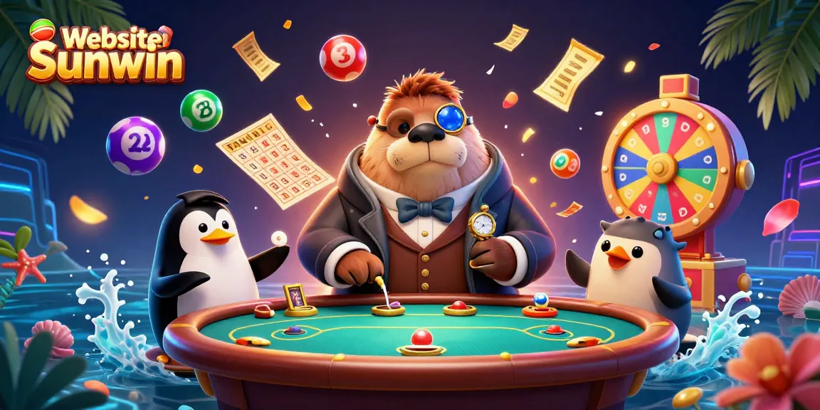 Engage in thrilling games at Website Sunwin with vibrant lottery balls floating and a jolly walrus playing poker.
