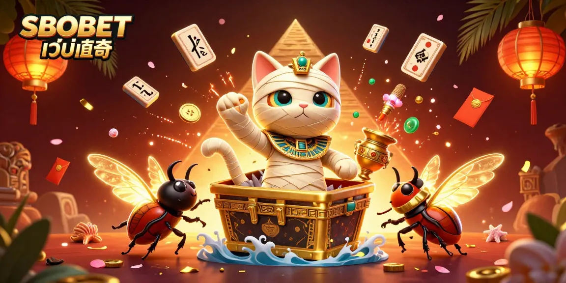 SBOBET เว็บตรง unleashes thrilling action with a vibrant mummy cat and scarab in a lively casino scene.
