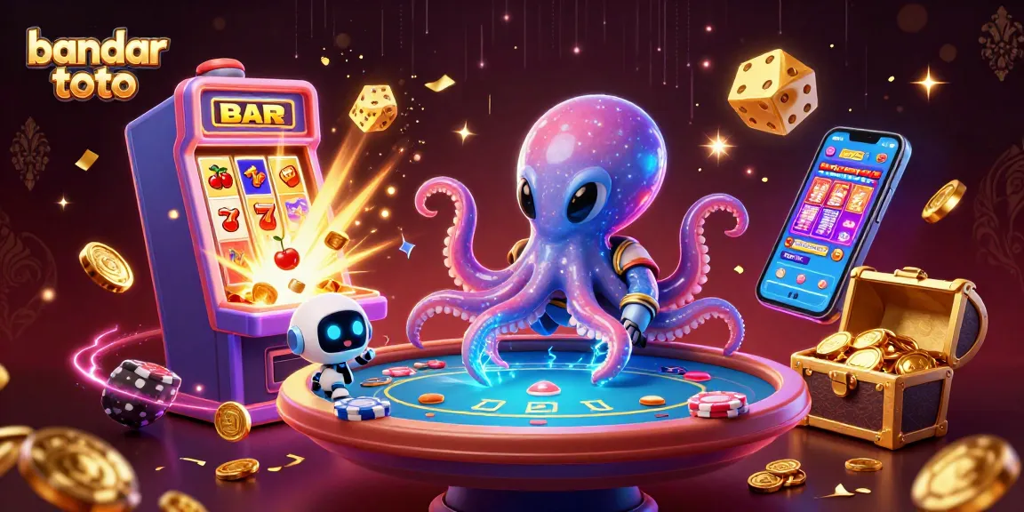 Engage with bandar toto as a 3D octopus plays poker in a magical casino space.