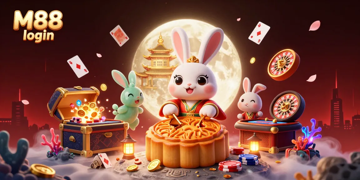M88 login to an exciting online casino with a 3D cartoon moon rabbit engaging in poker-inspired lunar festivities.